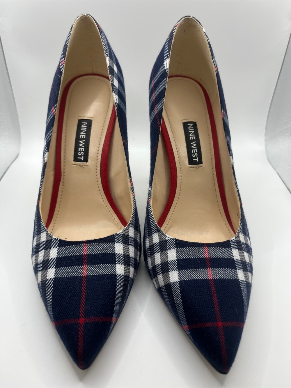 Nine West Navy Plaid Pointed-Toe Pumps with Red Accents